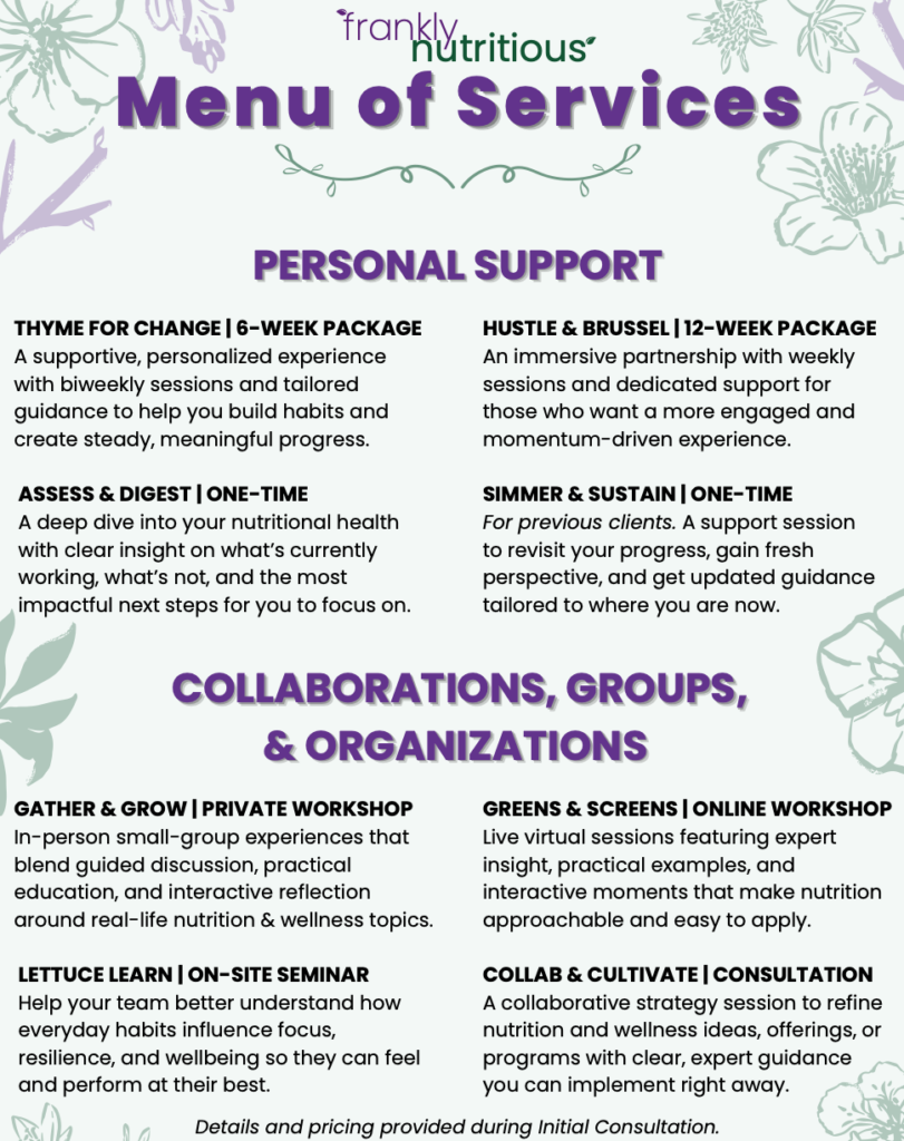 Frankly Nutritious' service menu, listing personal support and collaborative services